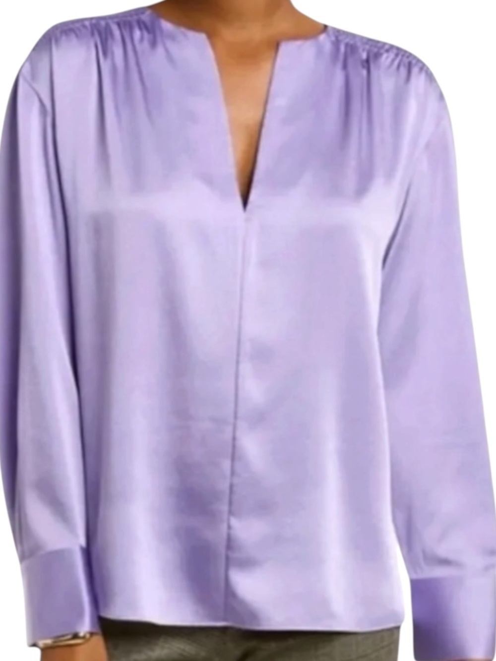 Vince Lily Stone Smocked Shoulder Blouse M Split Neck Long Sleeve NWT